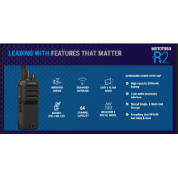 Motorola MOTOTRBO R2 VHF-käsiraadio professionaalseks kasutamiseks.